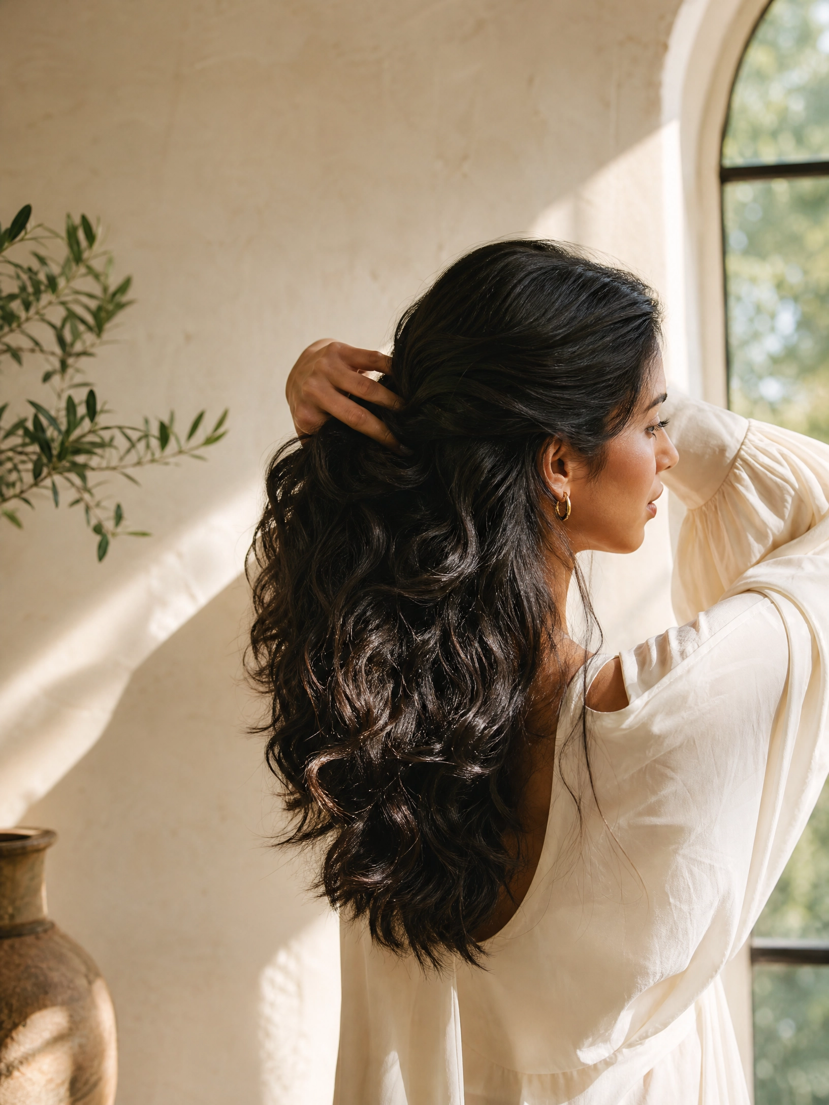 Woman with dark hair near a light-filled window