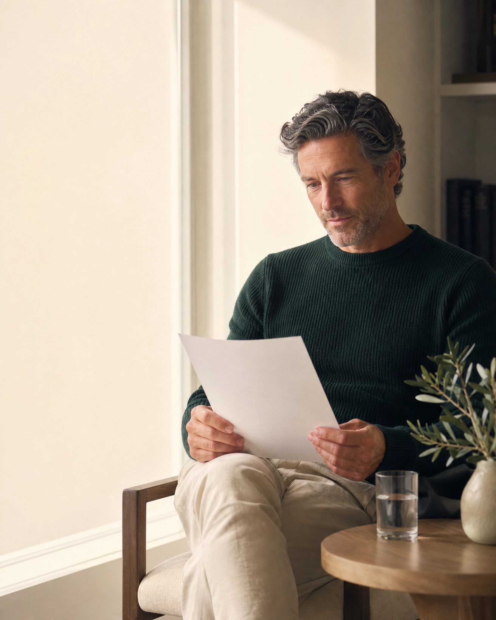 Man considering a health summary by a window
