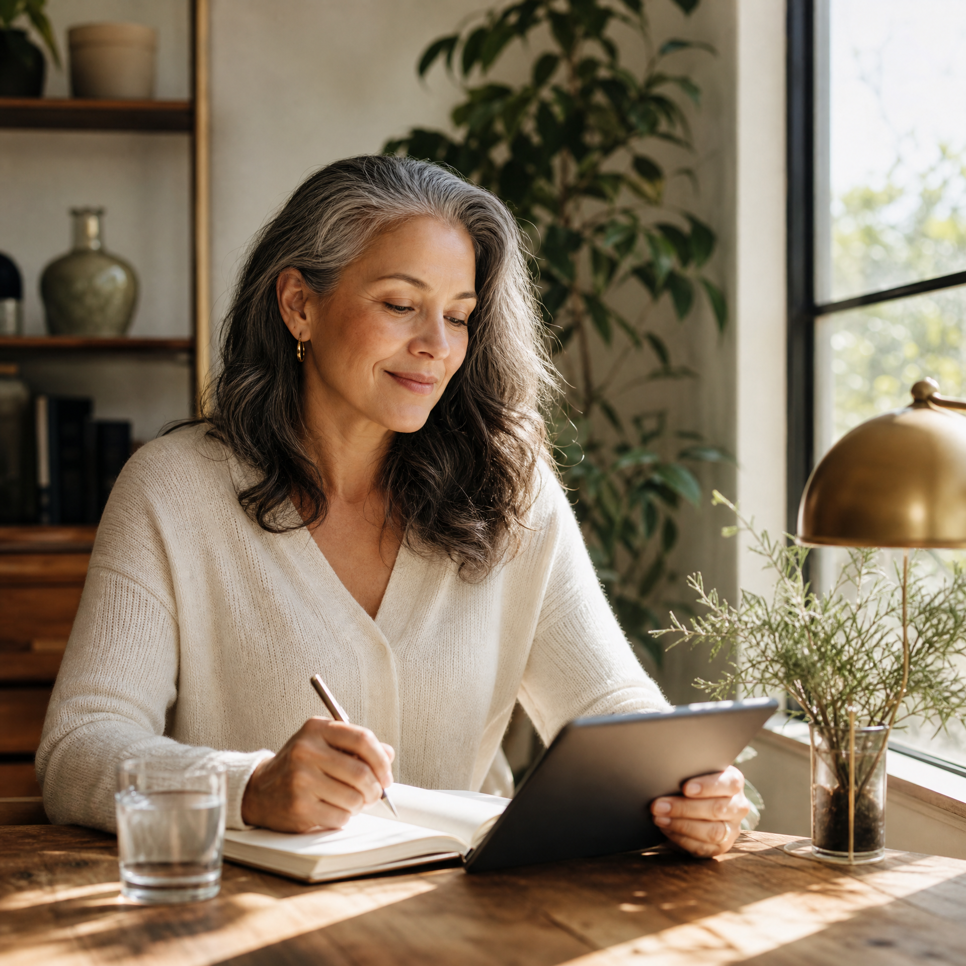A clinician thoughtfully reviewing a wellness journal during a quiet telehealth workday