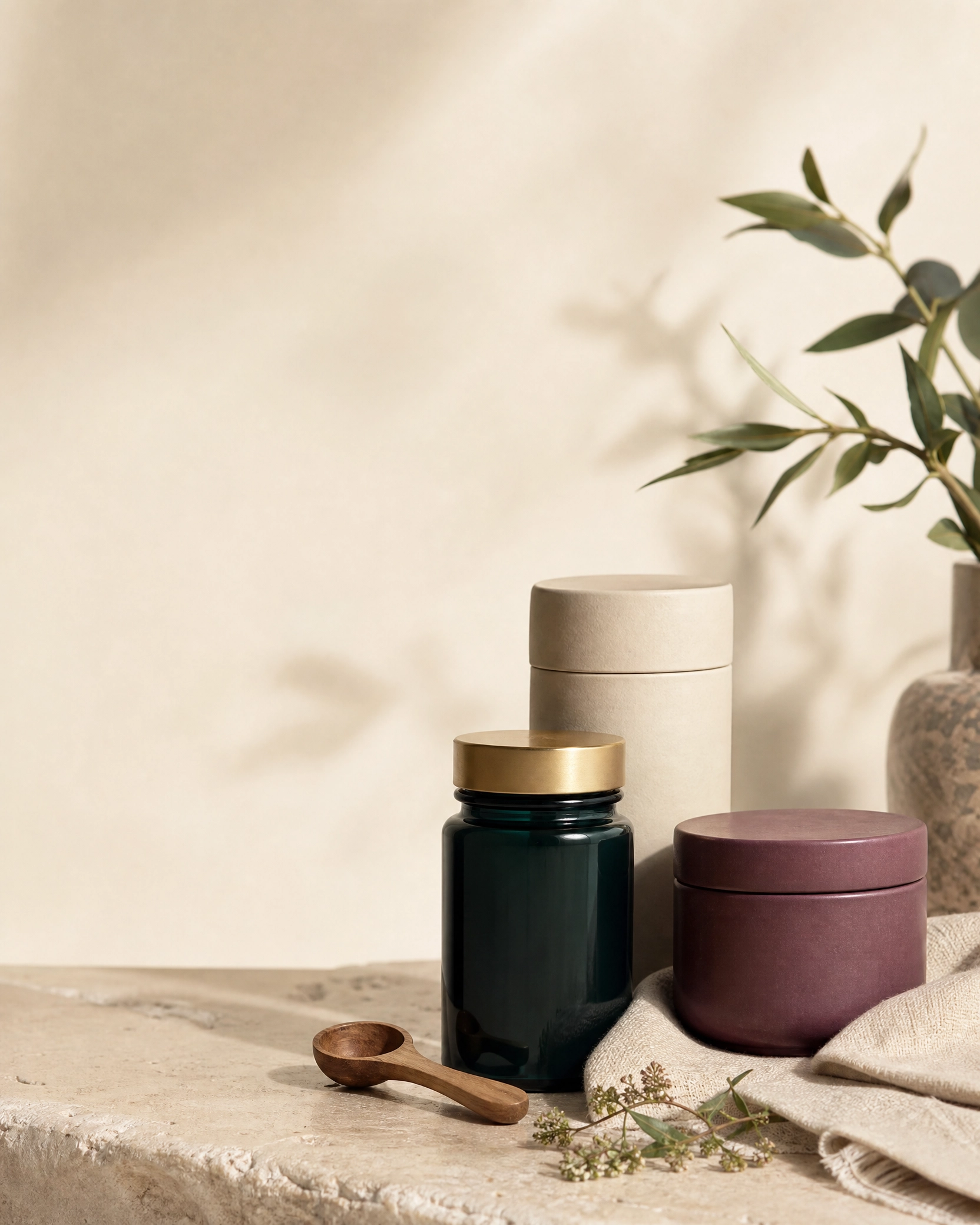 Unlabelled supplement containers in an editorial still life